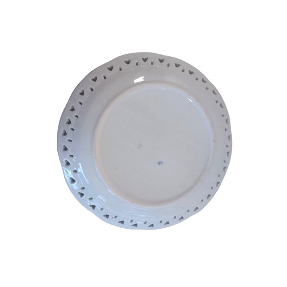 Vtg 9.25" Delf Blue Hand Painted Floral Heart Cutout Lace Edge Decorative - Picture 7 of 9